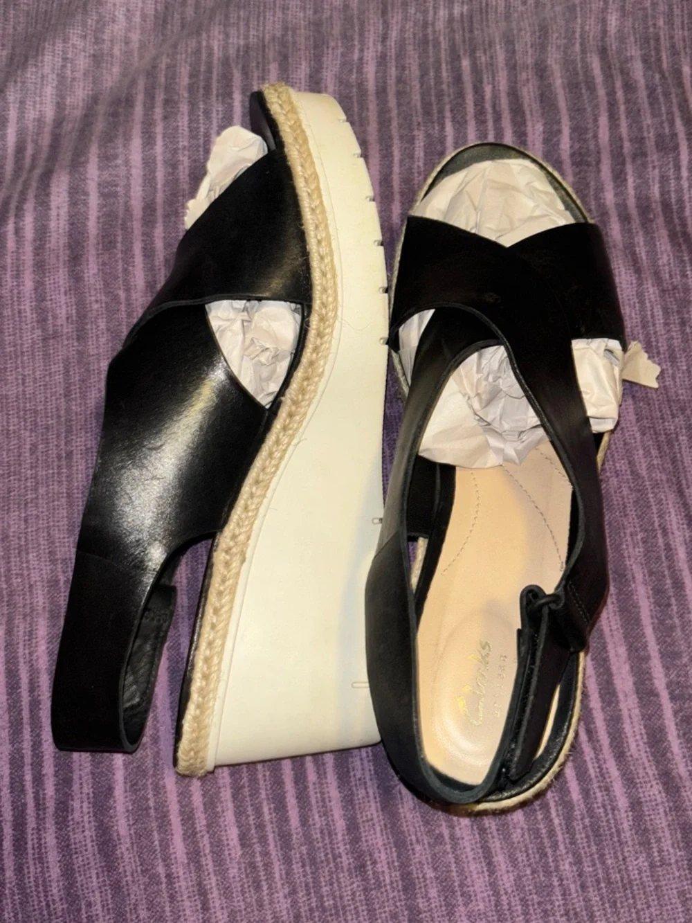 Clarks Black Suede Espadrille Wedge Sandals